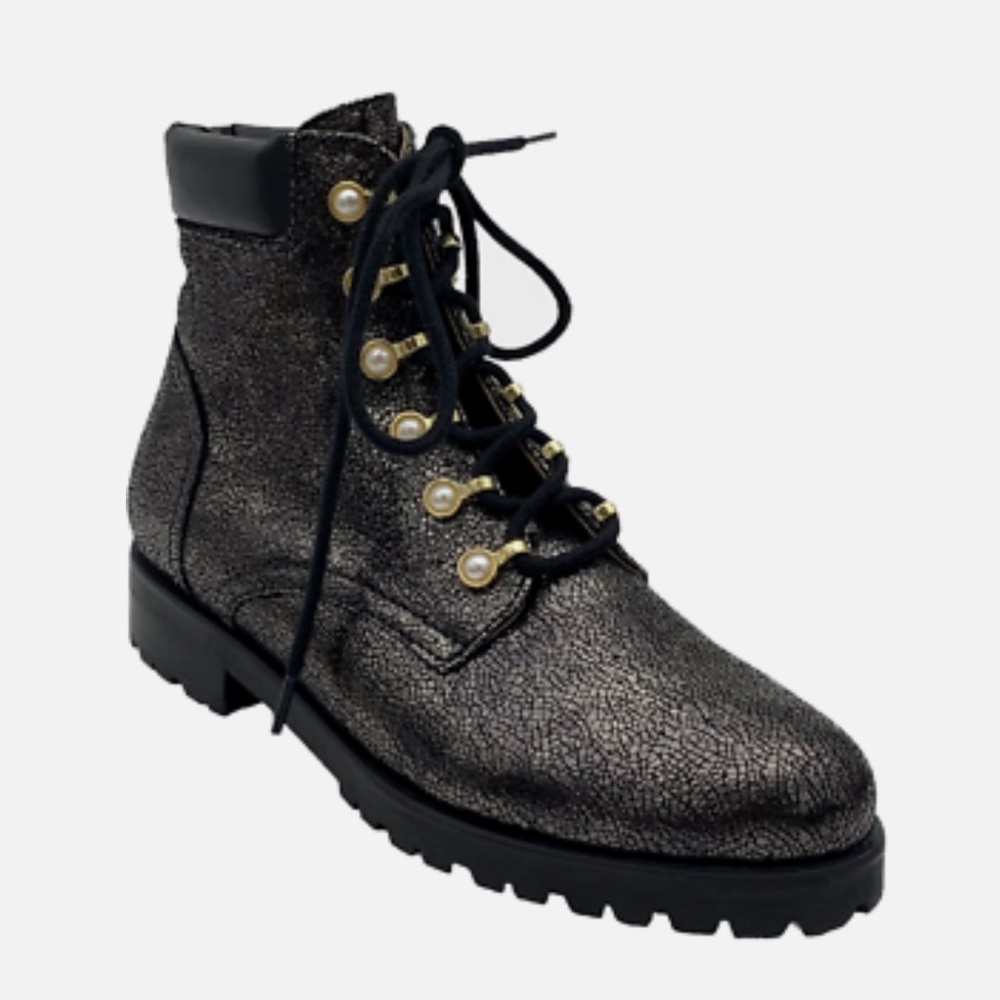 Jack Rogers Lace Up‎ Pearl Detail Peyton Boots in Gunmetal Crackled Size 9